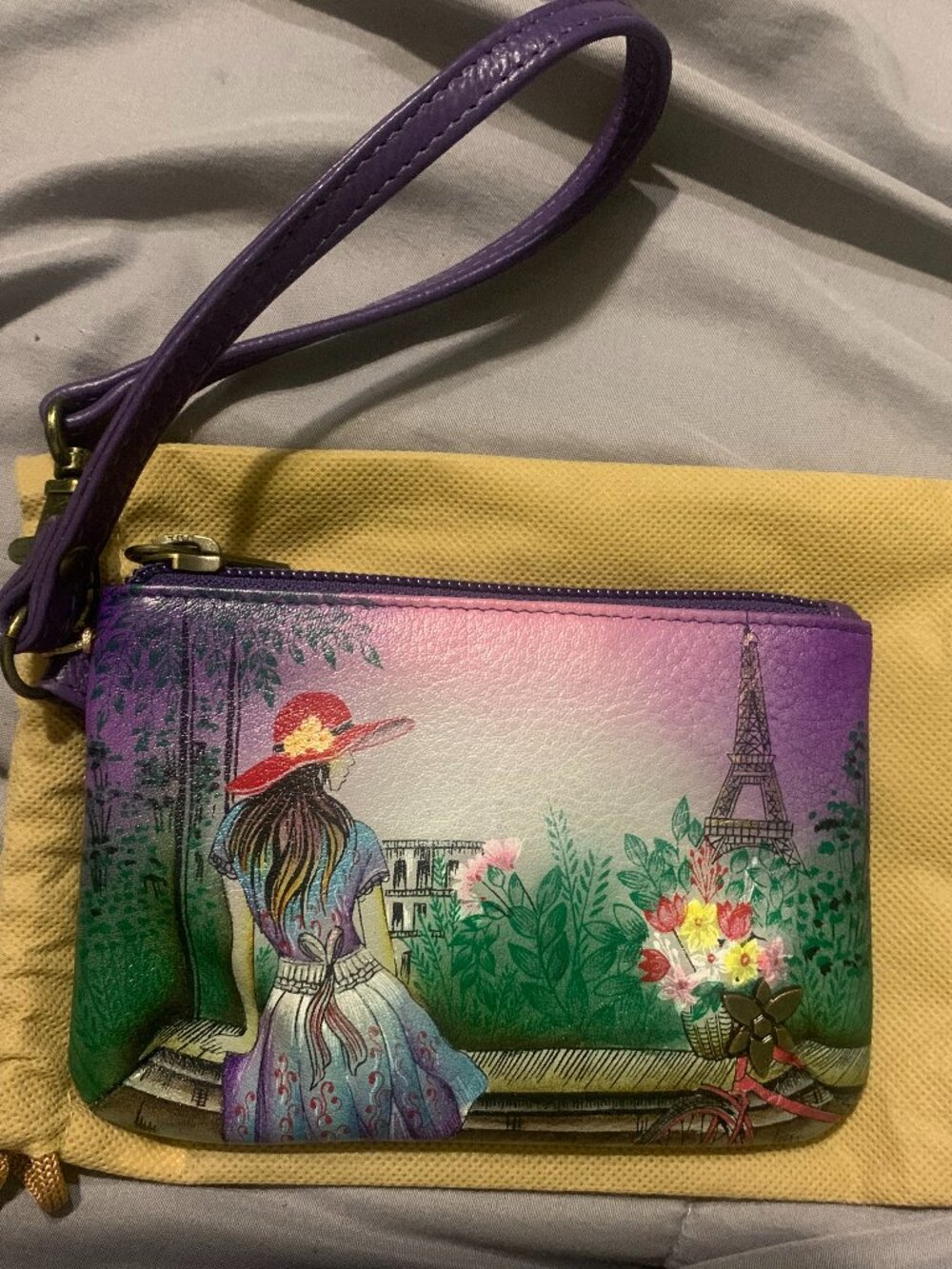 NWT Anuschka Hand Painted Leather Wristlet Pouch Paris Sunrise Eiffel Tower